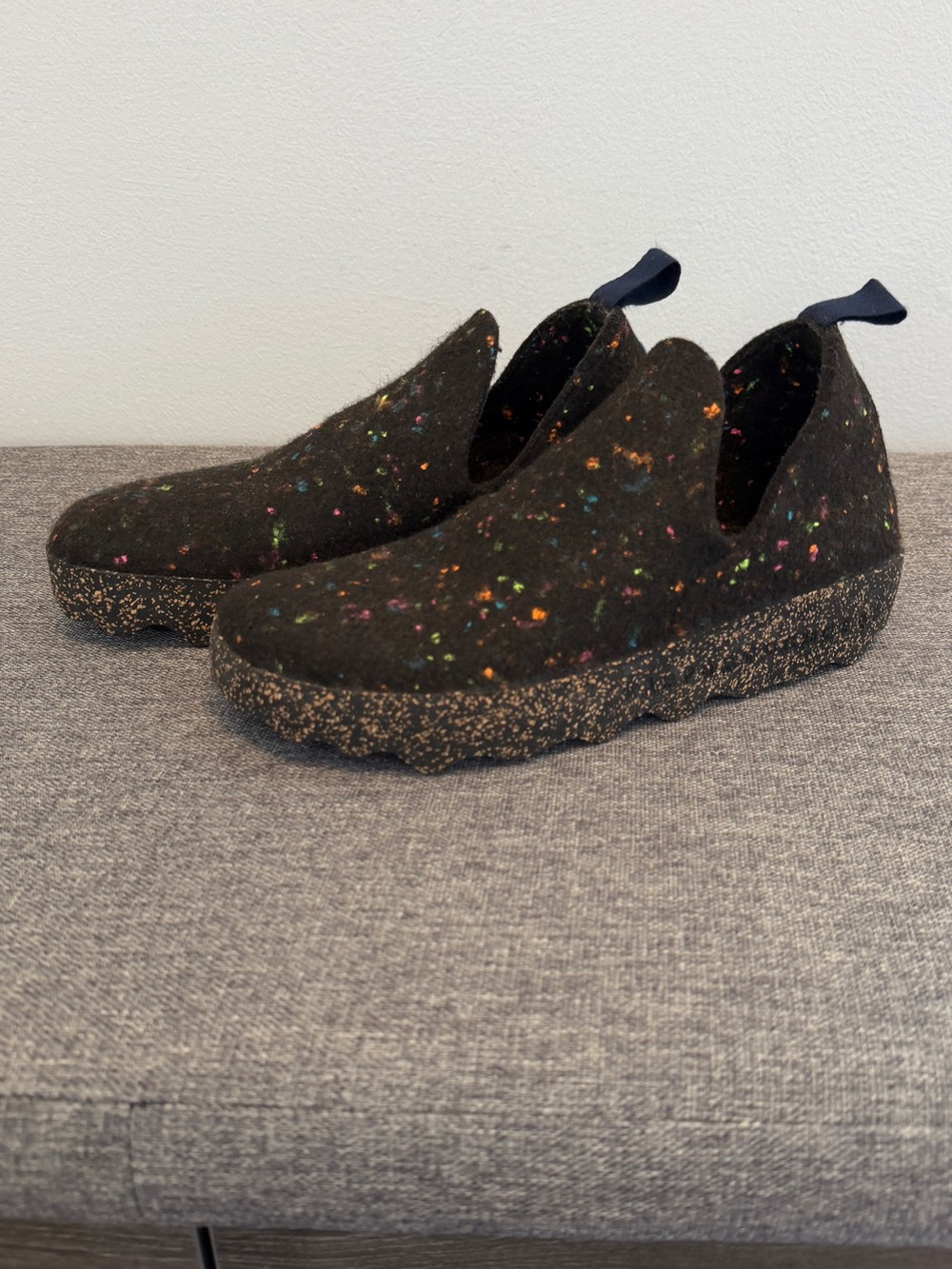 Asportuguesas Fly London Black Speckle Wool City Shoes Sneakers 7.5-8 Cork Neon